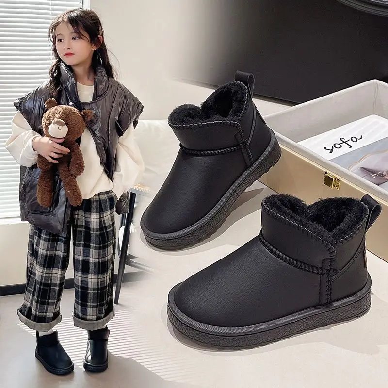 

【Черно-серый + кожа】Детские зимние ботинки на флисовой подкладке, дизайн без шнуровки, водонепроницаемая, противоскользящая подошва для зимнего использования на открытом воздухе