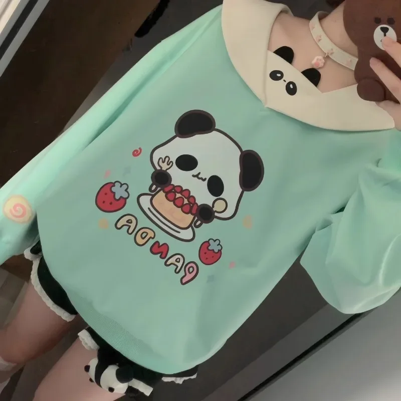 2024 Japanese Cute Cartoon Red Panda Ears Navy Collar Cute Sense Color Matching Loose Long-Sleeved Sweater For Women