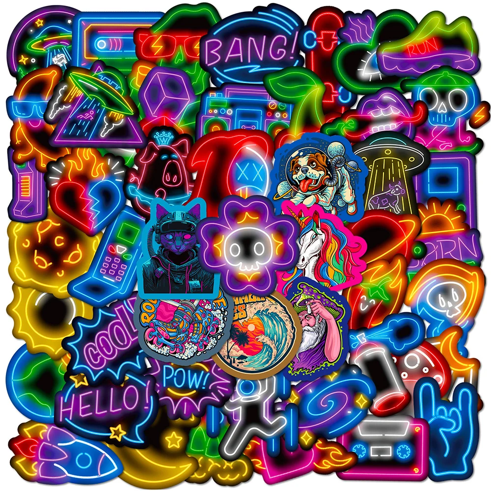 10/30/50pcs Funny Cute Neon Light Stickers Aesthetic Graffiti Scrapbook Phone Laptop Helmet Bike Kawaii Decoration Sticker Pack