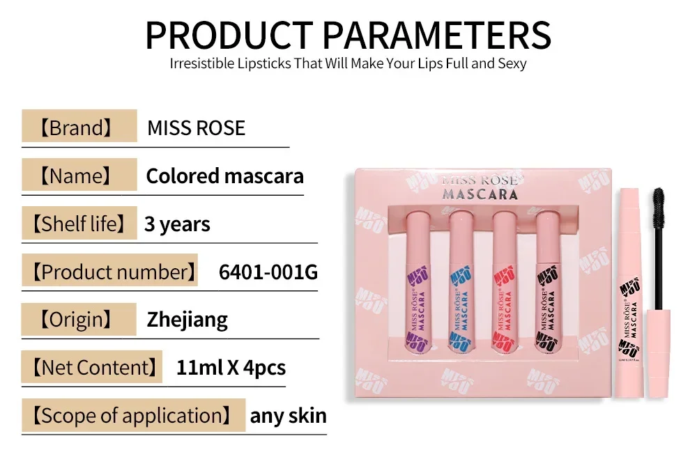 MISS ROSE-Ensemble de mascara volume et amincissant pour femme, résistant à l'eau, ne tache pas, allongement, cadeau cosmétique