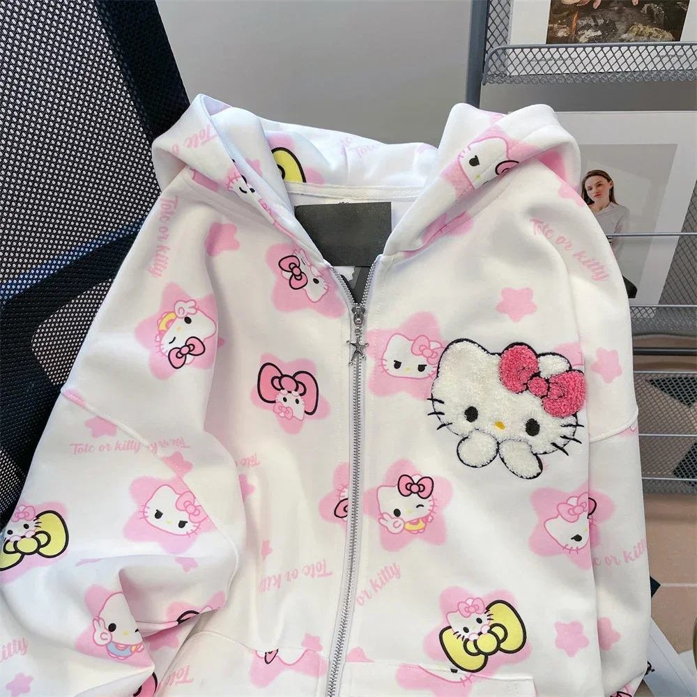 2024 Sanrio Hello Kitty Hooded Cardigan Jacket Kawaii Girl Autumn Vintage Coat Comfortable Cute Cartoon Women Hoodies Gifts