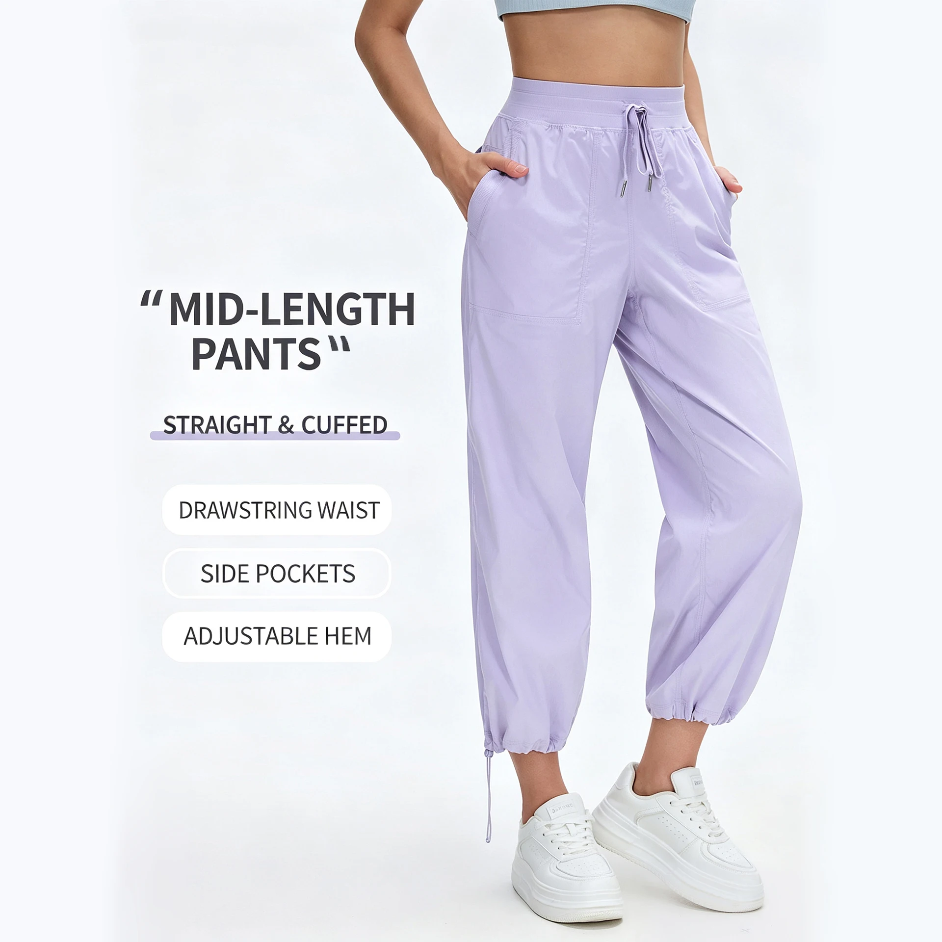Women's Multifunctional Sports Casual Pants, Lightweight Quick-Dry Nylon Pants with Elastic Drawstring Waist, Adjustable Cuffs, Dual-Wear Design, Multi-Pocket Outdoor Hiking Fitness Mid-Length Pants