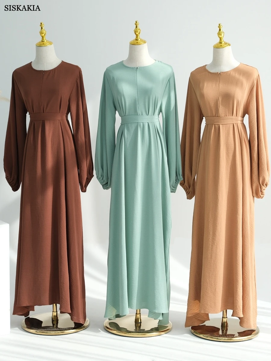 Siskakia – robe musulmane élégante à manches groupées, ceinture incluse, Abaya solide de dubaï, col rond, Kaftan 2025