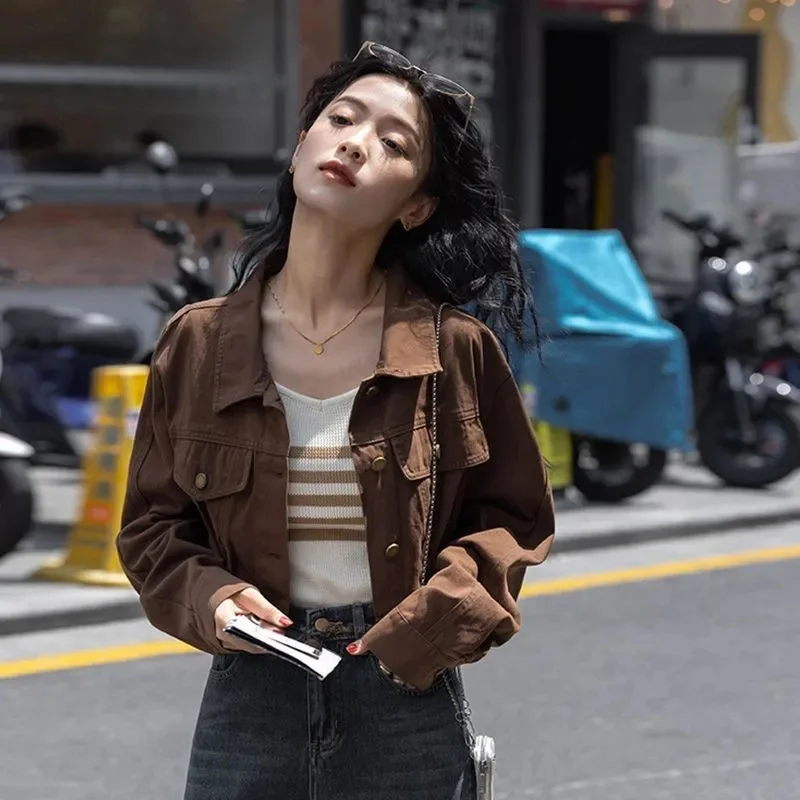 New Fashion Coffee Long-sleeved Single-breasted Loose Cardigan Jacket Women's Spring and Autumn Slim Short Tooling Jacket Top