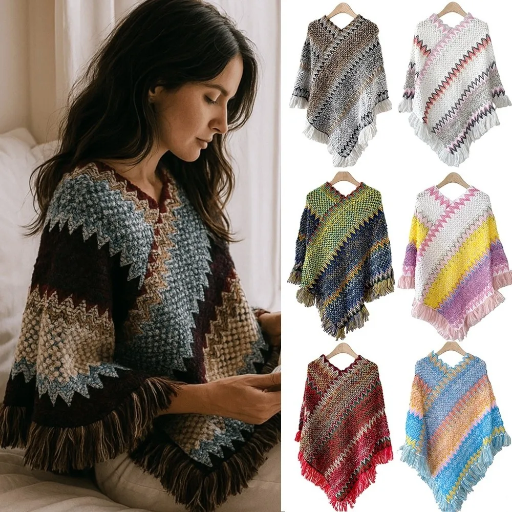 

Knitted Bohemia Ethnic Style Knitted Shawl Large Shawl Outerwear Tourism Outdoor Vacation Autumn and Winter Tassel Cape
