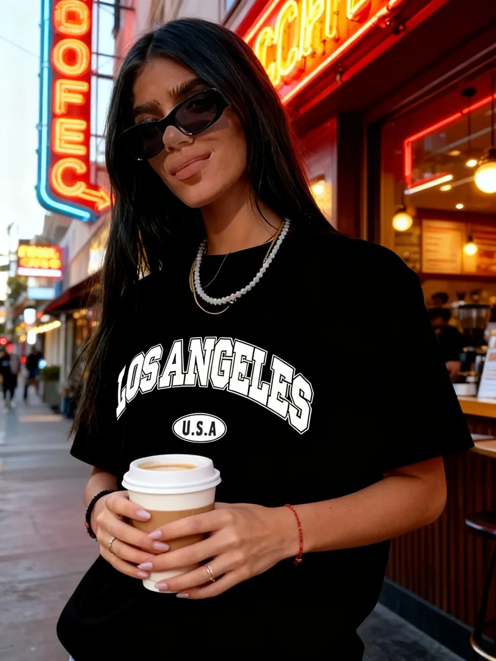 New women's summer vintage Los Angeles letter print soft and breathable round neck T-shirt outdoor urban casual sports top
