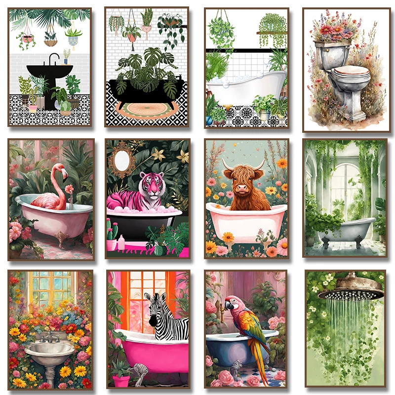 Botanical Bathroom Poster Prints Leopard Parrot Zebra Flamingo Tiger in The Bathtub Canvas Painting Bathroom Wall Art Home De