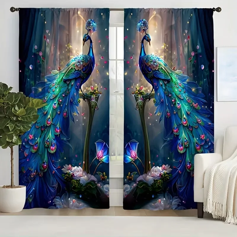 2 pieces of jade symmetrical peacock pattern printed curtains with pole bag design, suitable for bedrooms and living rooms