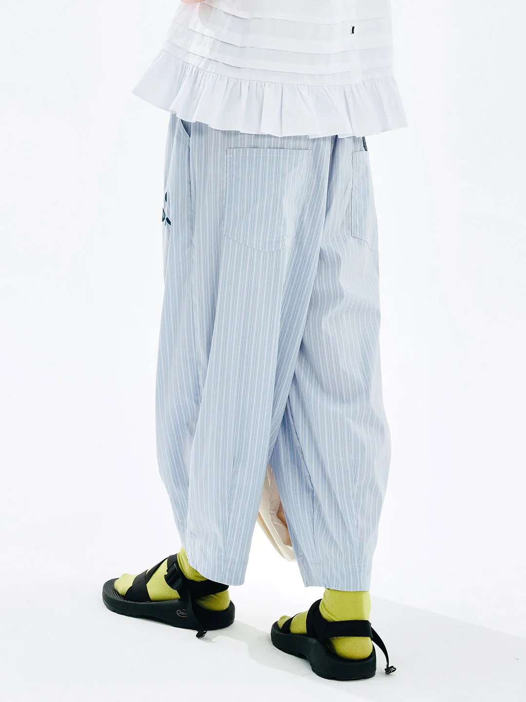 imakokoni 2024 Summer New Blue and White Stripe Vertical Stripe Embroidered Straight Tube Casual Pants for Women 244729