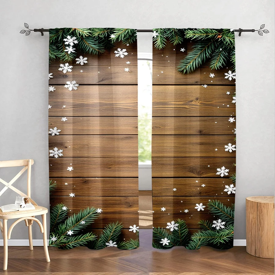 2PCS Christmas Winter Curtains, Rustic Snowflake Pine, Digital Print, Bedroom Living Room, Rod Pocket, Polyester, Home Decor