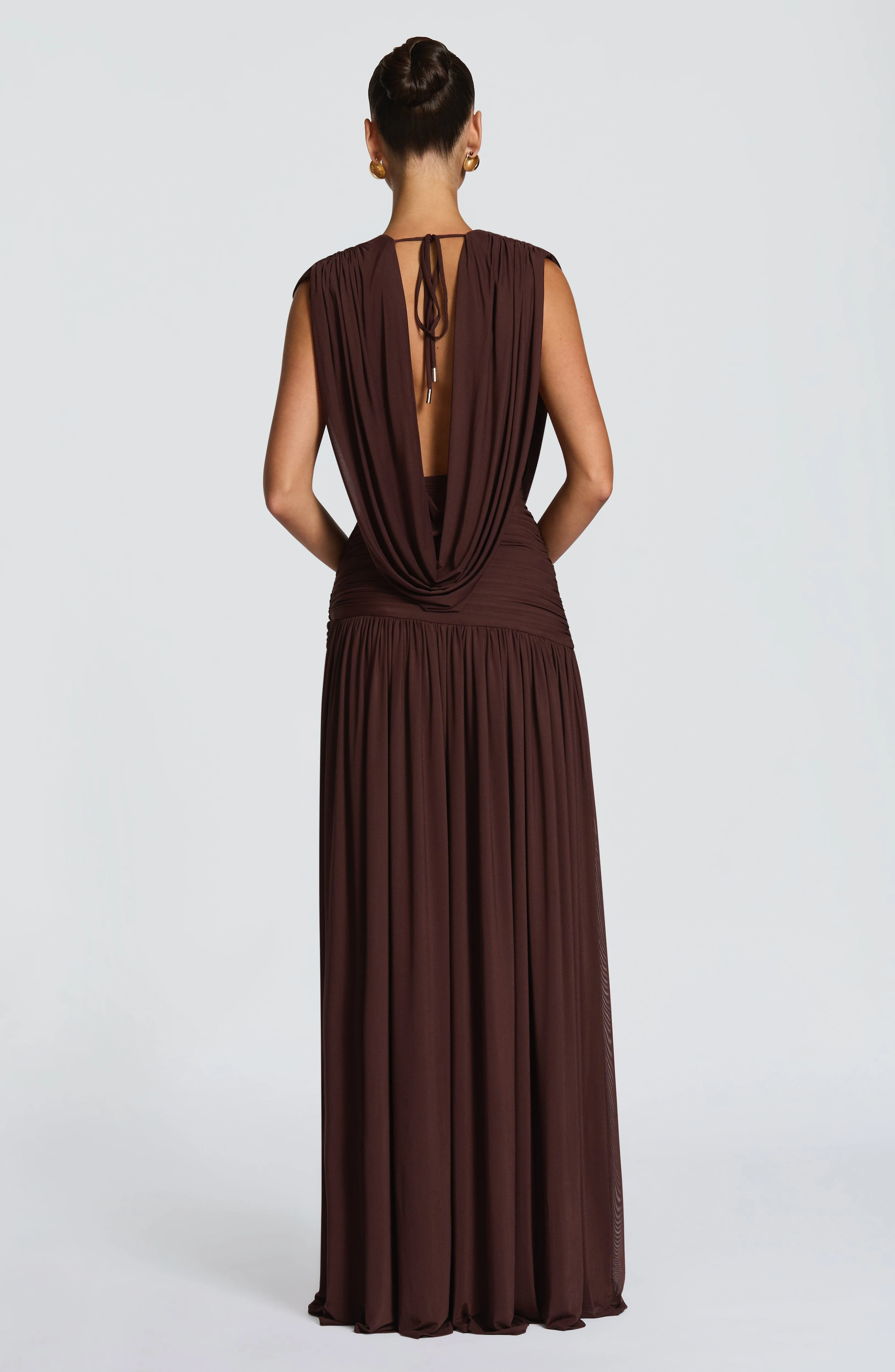 Women Deep V Sleeveless Ruched Maxi Dress High Split Draped Cowl Back Long Gown Chocolate Brown Elegant Formal Long Dresses