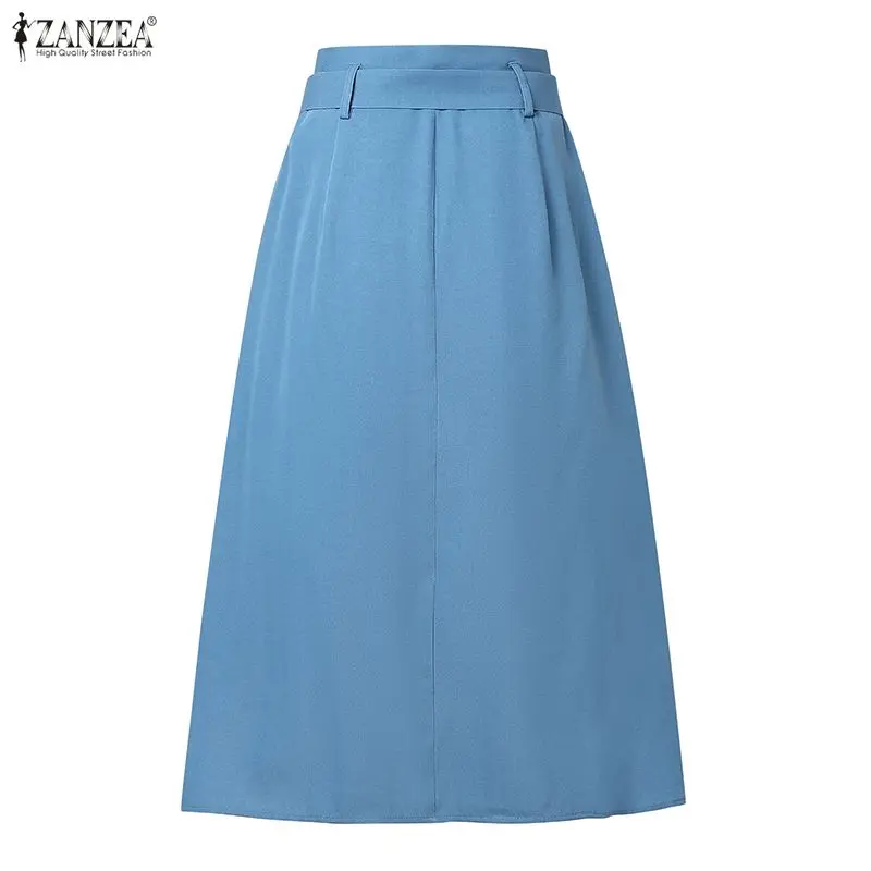 2026 ZANZEA Elegant Women OL Work Skirts Spring Summer Solid Midi Skirt Fake Denim Blue Faldas Saia Fashion A-line Holiday Jupe
