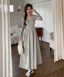 Women's 20232023 autumn new square collar long sleeve knitted dress women French waist slimming long skirt