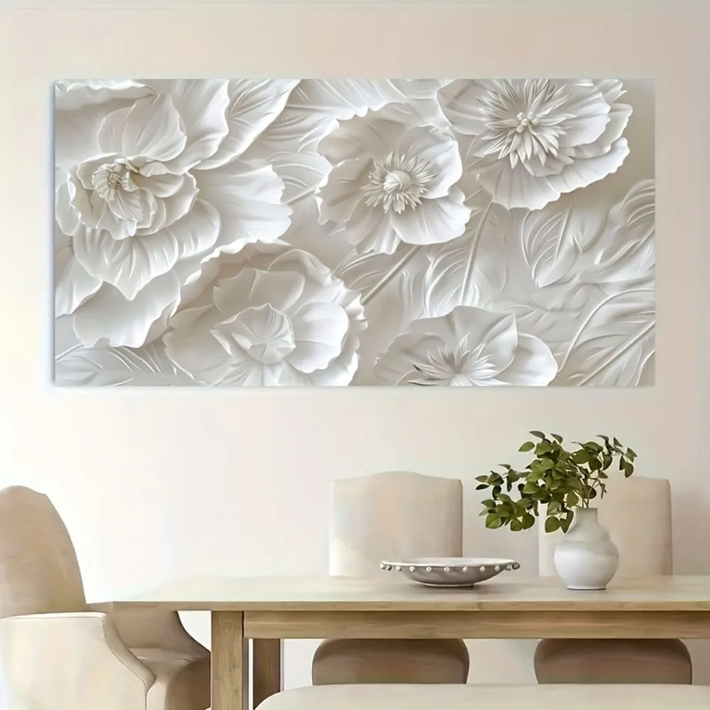 Een frameloos modern wandkunststuk dat witte bloemen afbeeldt, een canvas poster geschikt voor slaapkamerdecoratie, woonkamer of hal.