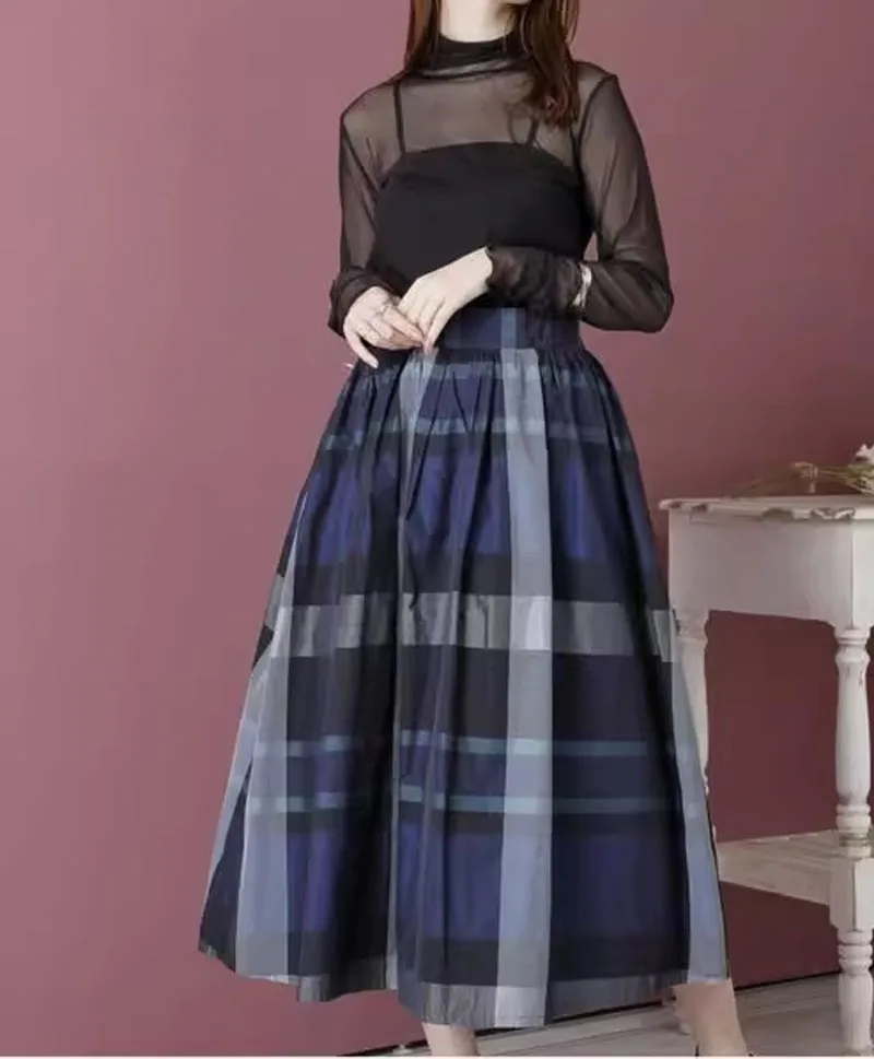 Japanese Style Navy Check Skirt with Elastic Band