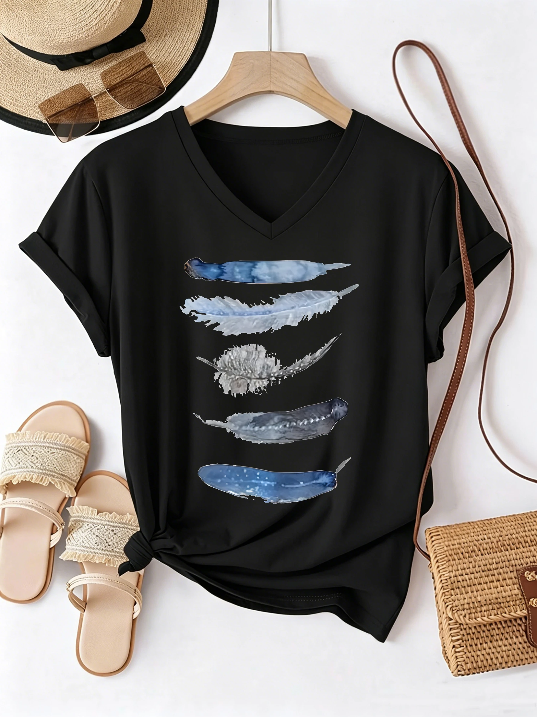Trendiges V-Ausschnitt T-Shirt Lässige Mode Vintage Blatt T-Shirts Damen Kurzarm Tee Shirt V-Ausschnitt Sommer Frühling Kleidung