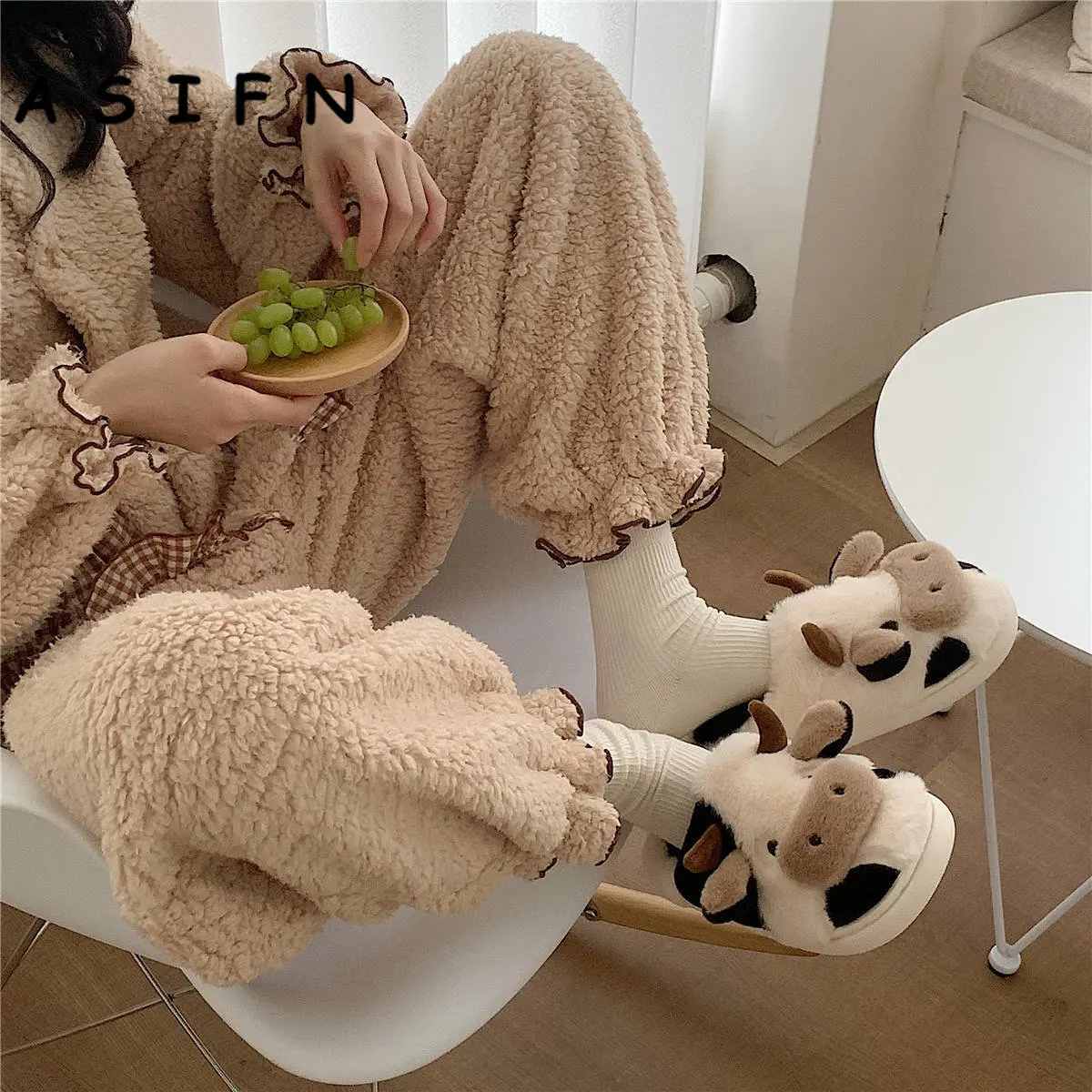 ASIFN Girls Milk Cow Cushion Slippers Women Home Slides Fluffy Winter Warm Cartoon House Cute Funny Shoes Zapatos De Mujer