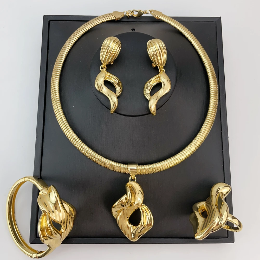

EMMA African Women Necklace Earrings Bracelet Wedding Dress Up Accessories Italian Gold Plated Jewelry Set FHK21871