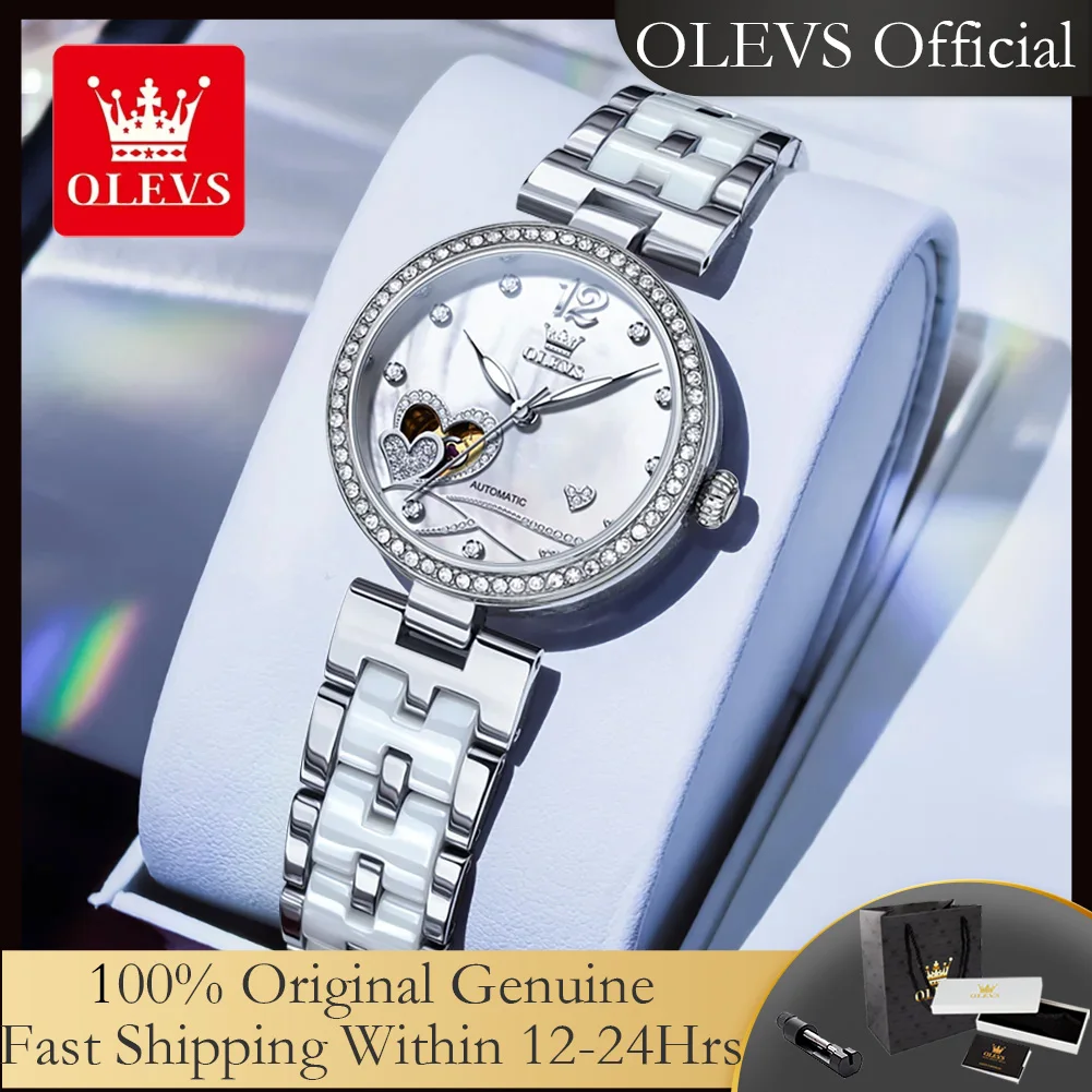 OLEVS 7086 Automatic Women's Watches Hollow Love Heart Desigan Elegant Luxury Ceramics Strap Diamond Bezel Mechancial Wrsitwatch