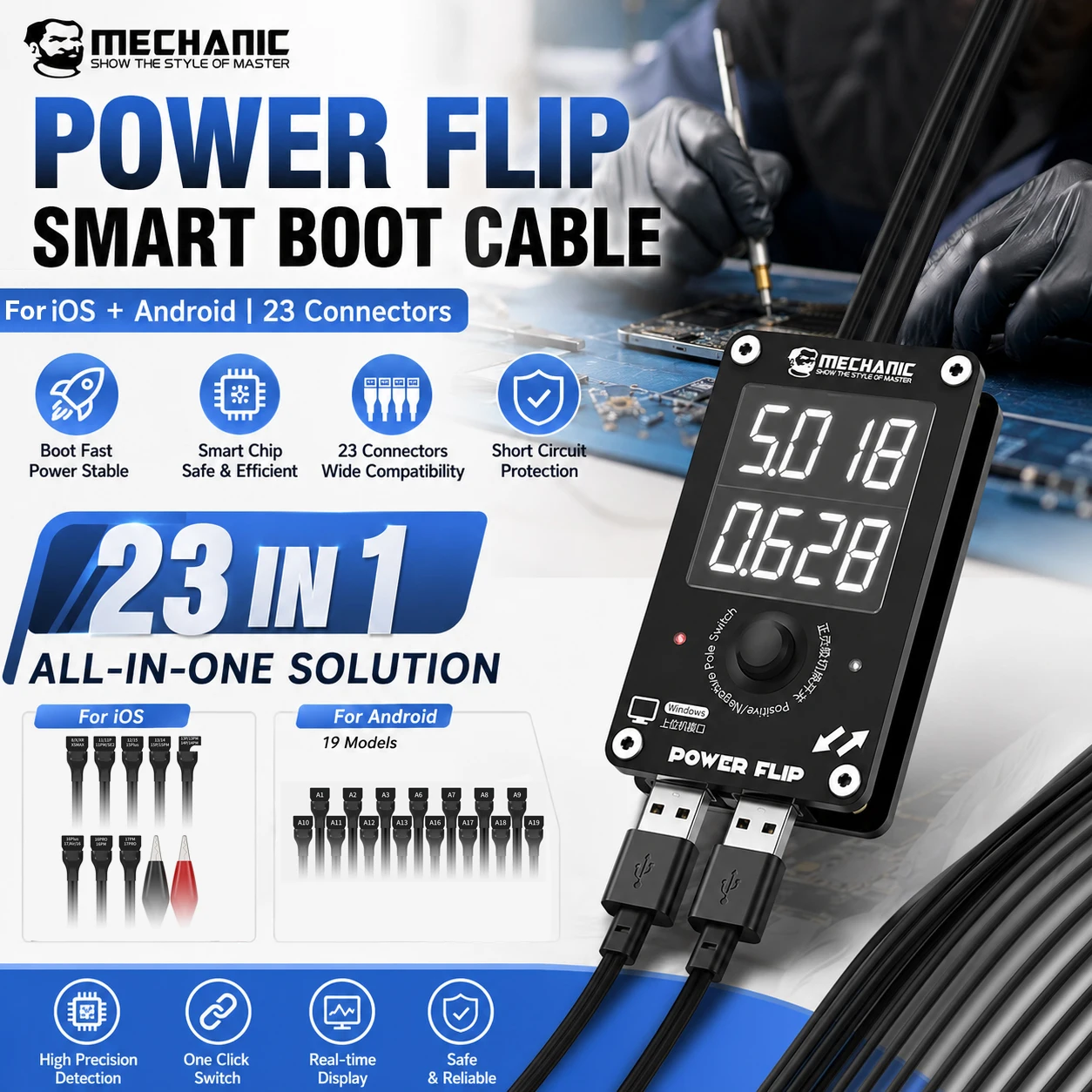MECHANIC POWER FLIP Boot Cable 23 Connecting Seats One Click Polarity Switch Real Time Voltage Current Display For Phone Repair
