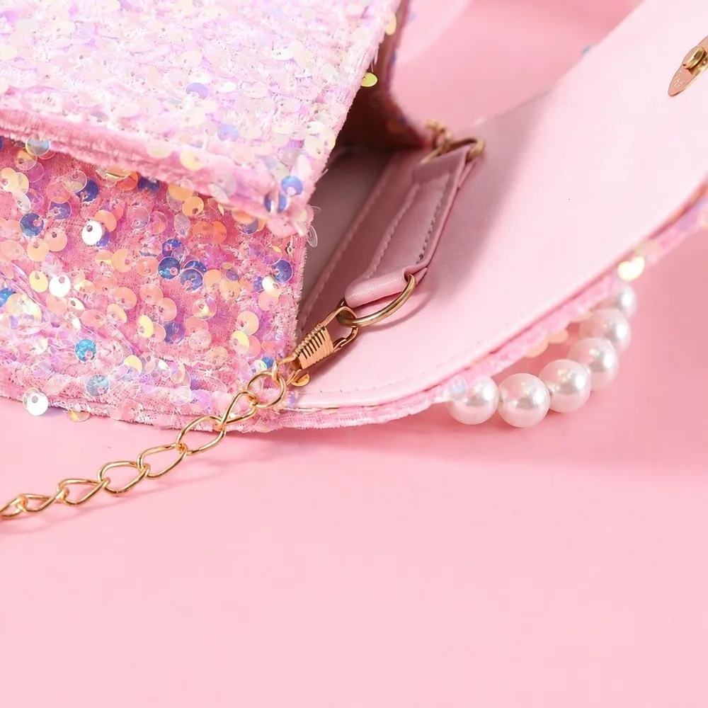 Stylish Sequin Princess Crossbody Bag Glitter Bowknot Girls Purse Detachable Strap Pearl Handle Handbag