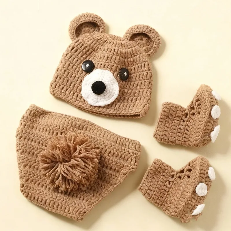 Newborn Photography Props Cute Bear Costume Soft Knitted Infant Hat Shorts Shoes 3pcs Set Baby Photo Shoot Outfit Accessories