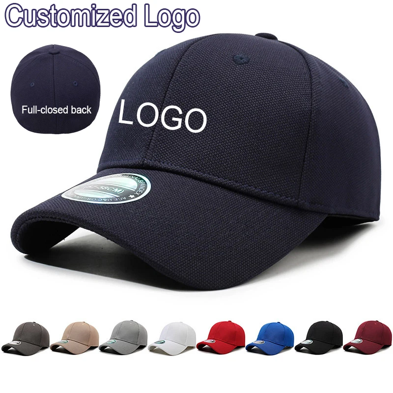 Men Full Closed Back Custom Logo Baseball Cap Elastic Adjustable Hard Top Outdoor Sun Visor Hat Casual Face Slimming Peaked Cap