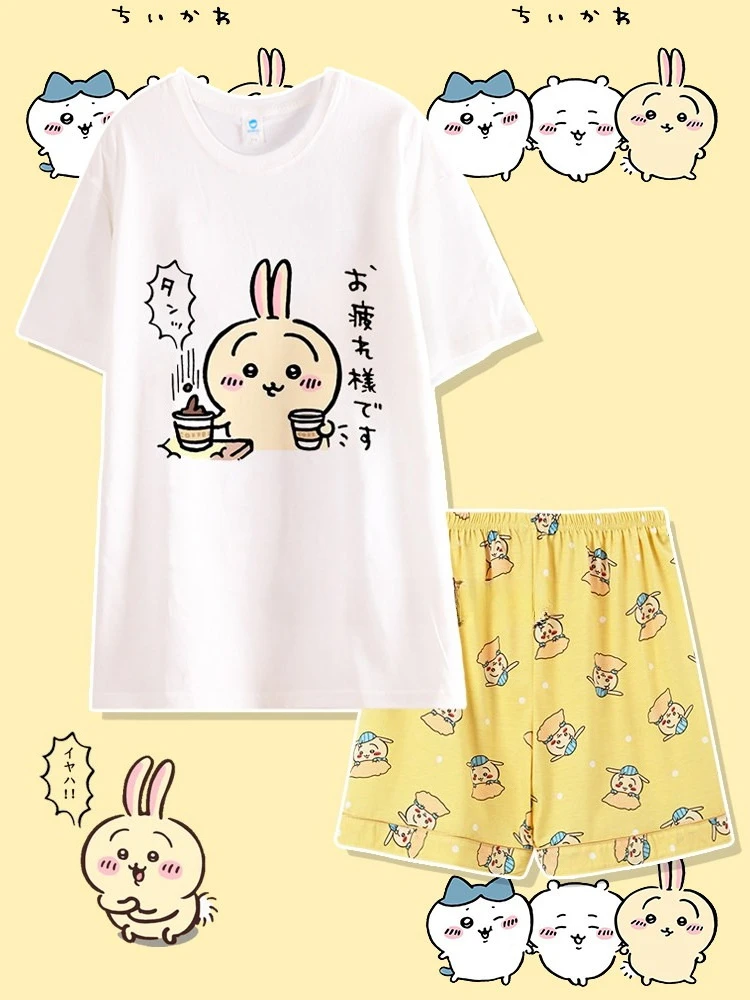 Women's Summer Short‑Sleeve & Shorts Crew‑Neck Cotton Chiikawa Pajamas, Cute Usagi Loungewear