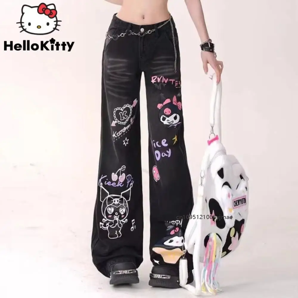 Kuromi impresso micro queimado jeans sanrio coreano streetwear solto calças retas y2k moda feminina cintura alta calças de perna larga