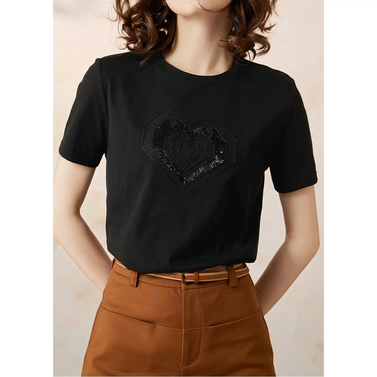 LOUIS YAO Women Sequin Embroidery T-shirt 2024 Summer Casual O Neck Short Sleeve Tee Fashion Pullover Top