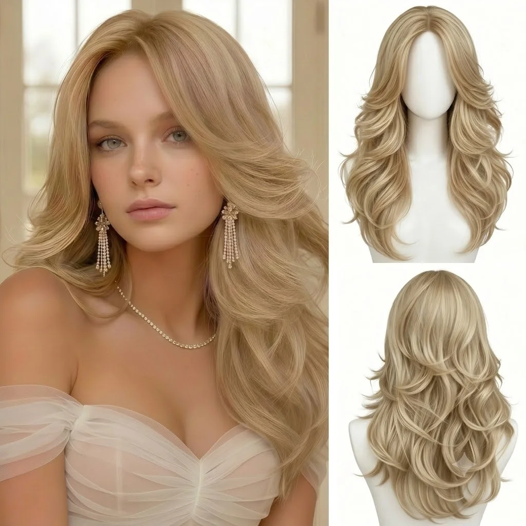 Ladies 24-inch dirty blonde synthetic wig with curtained bangs and wavy layers - natural mid-section styling, suitable for fancy