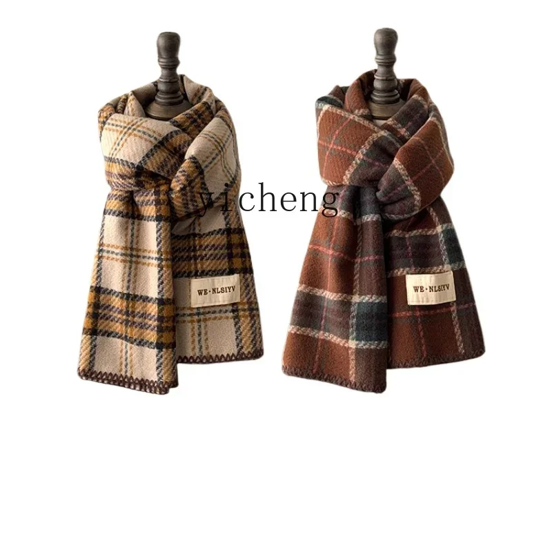 

XL retro dark coffee imitation cashmere scarf, warm and versatile temperament plaid Korean version scarf for men