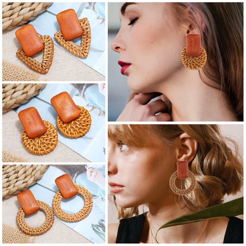 Vintage Handmade Rattan Knit Vine Beach Jewelry Drop Earrings Straw Weave Earrings Bamboo Wooden