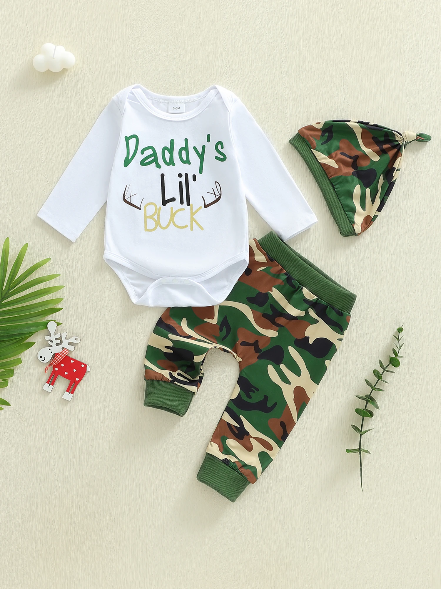 طفل الفتيان 3 قطع ملابس الخريف طويلة الأكمام رومبير مع السراويل طباعة التمويه قبعة مجموعة ملابس الوليد #1