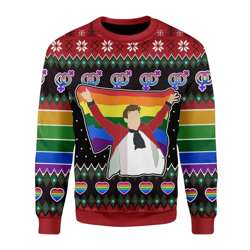 LGBT Ugly Christmas Sweater Men 3d Printed Gay Rainbow Graphic Round Neck Sweatshirt Tops New Year Pullover Hoodie Festival Gift