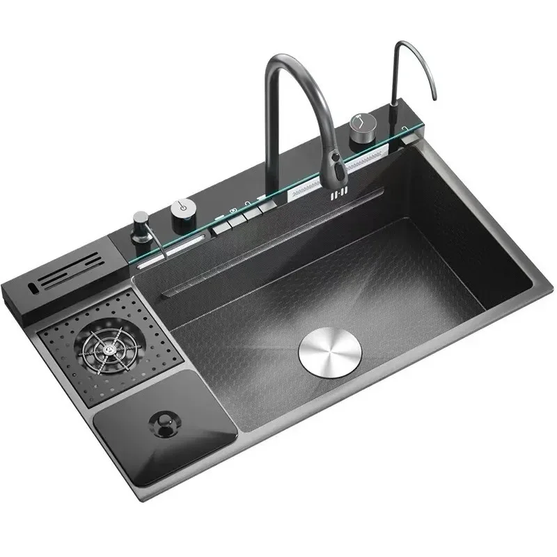 

Large single slot 304 stainless steel kitchen digital display sink, with trash can, vegetable basin, vegetable sink