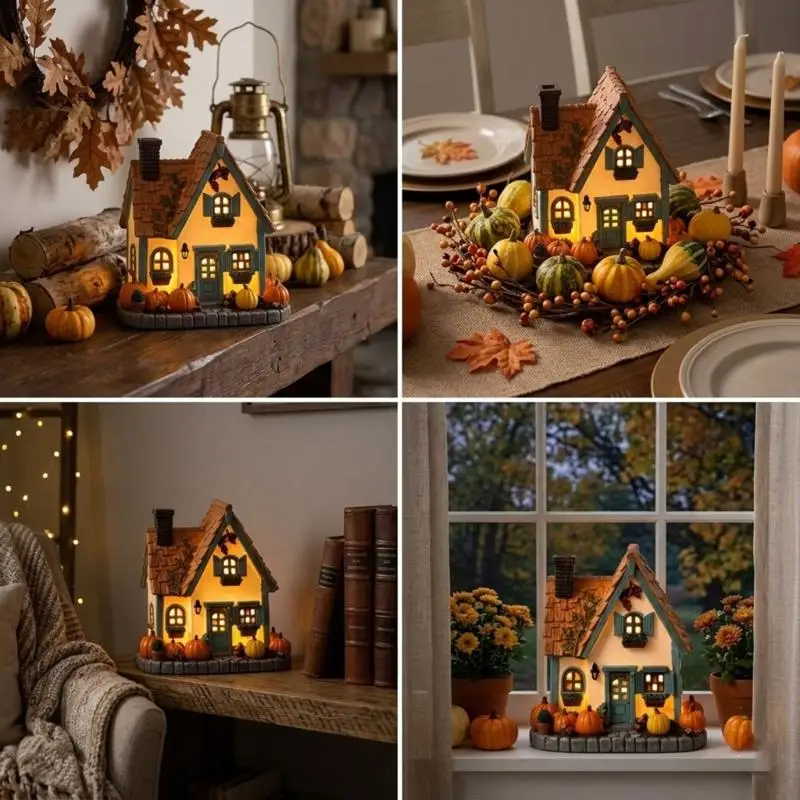 LED-Herbst-Kürbishaus-Dekoration, Harz-Tisch-Cottage-Statue mit warmem Licht, Ernte-Kaminsims-Akzent für Wohnzimmer und D2RD – Detail 8