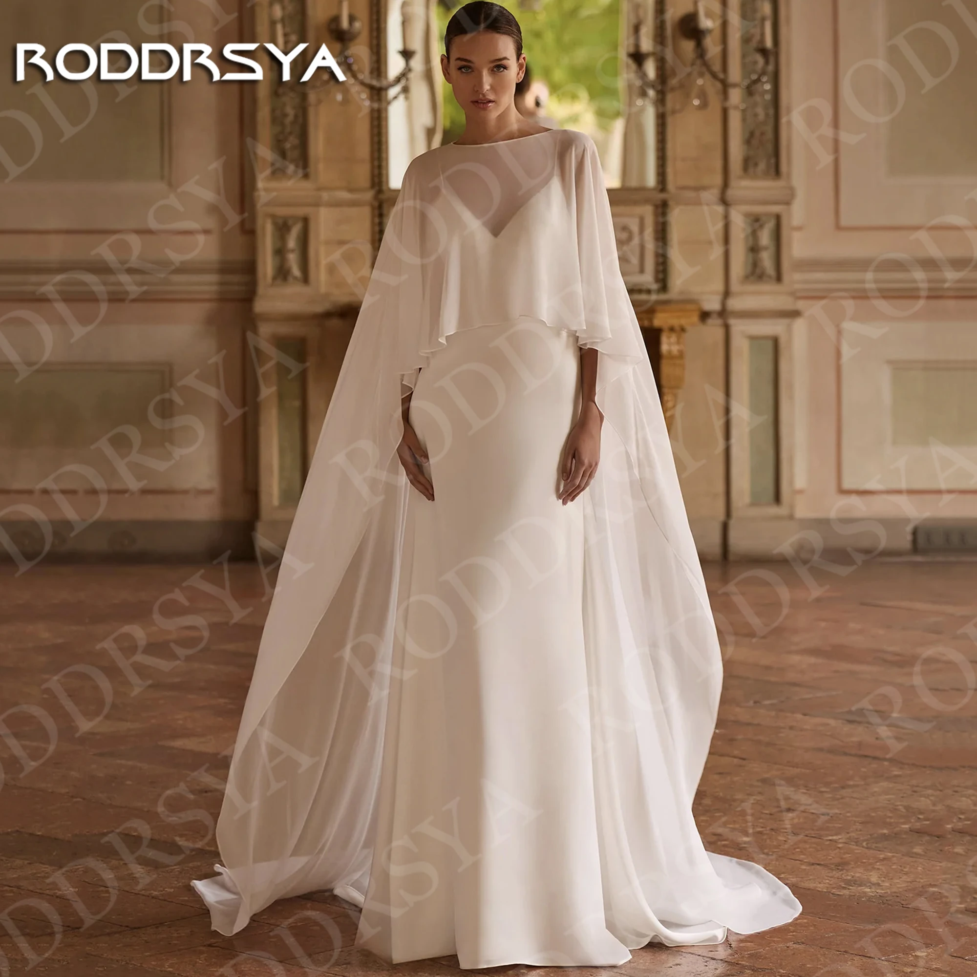 RODDRSYA Satin Wedding Dresses Bride with Detachable Cape Elegant Spaghetti Straps V Neck Bridal Dress Customized Robe Mariage