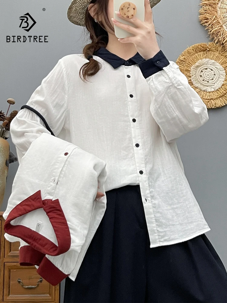 

New 2026 Spring Women Cotton Yarn Long Sleeve Shirt, Lapel Color-Blocking, Mori Girl Design Sense Thin Loose Blouse T63789CC