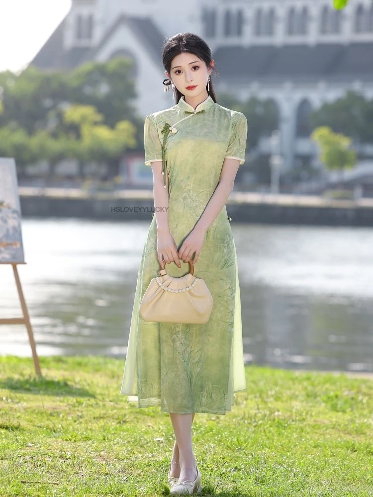 Aodai Vietnam Clothing Cheongsam Qipao Chinese  Vietnamese Vintage Elegant Short Sleeve Qipao Dress Lady Chiffon Qipao Dress