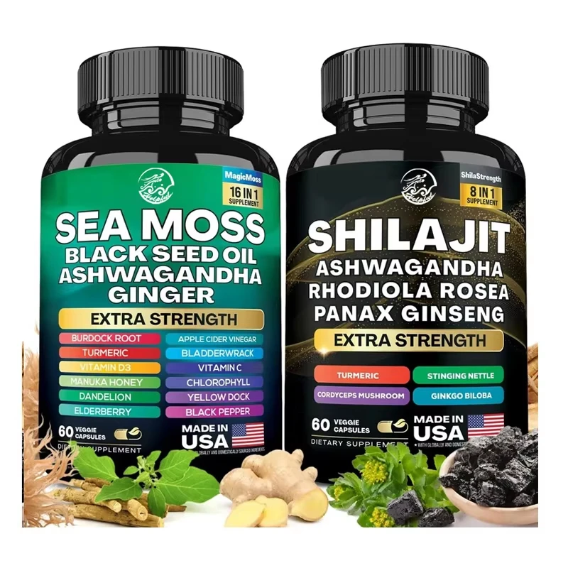 

Набор из двух частей «Морских водорослей+Shilajit» включает в себя 180 капсулах масла черного семян, куркумы и т. д., обеспечивает формулы 8 в 1 и 16 в 1.
