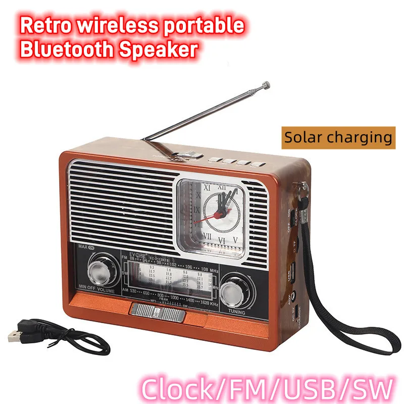 

With LED Light Bluetooth Speaker Portable Retro Radio FM/AM/SW1-6 Radio Receiver Solar MP3 Music Player Support USB/TF Card/AUX