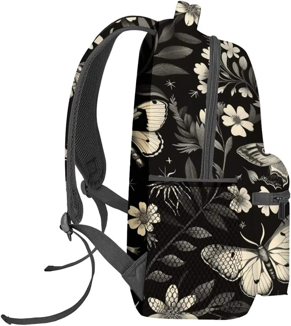 Vintage Moth Rucksack, Schwarz Weiß Gothic Floral Retro Polyester Rucksäcke, Leichter Doppel-Schulter-Rucksack für Frauen, Goth