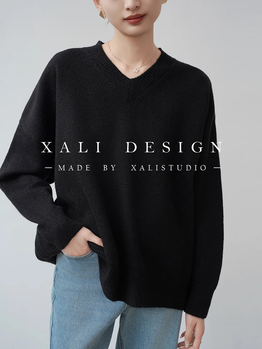 

Ele Loose Women's V-Ne Sweater Bla Spring Autumn Inner Wear Lazy Sle Outerwear Knitted Sweater Commute Sle Loose Fit