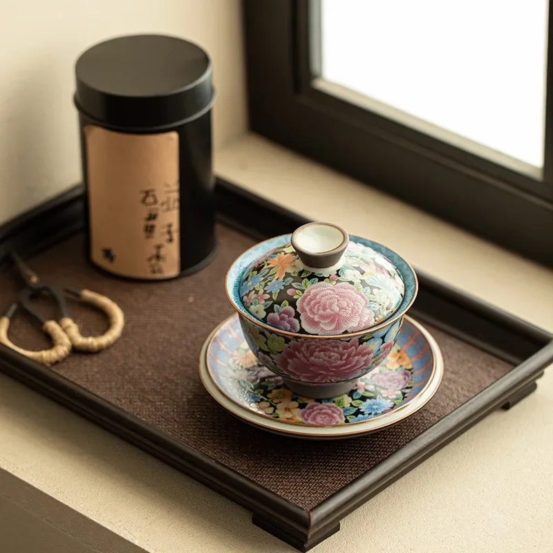Jingdezhen Imitation Song Ru Kiln Blooming Flowers Like Brocade Cover Bowl Sancai Cover Bow Ceramic Teacup Tea Set Holiday Gift