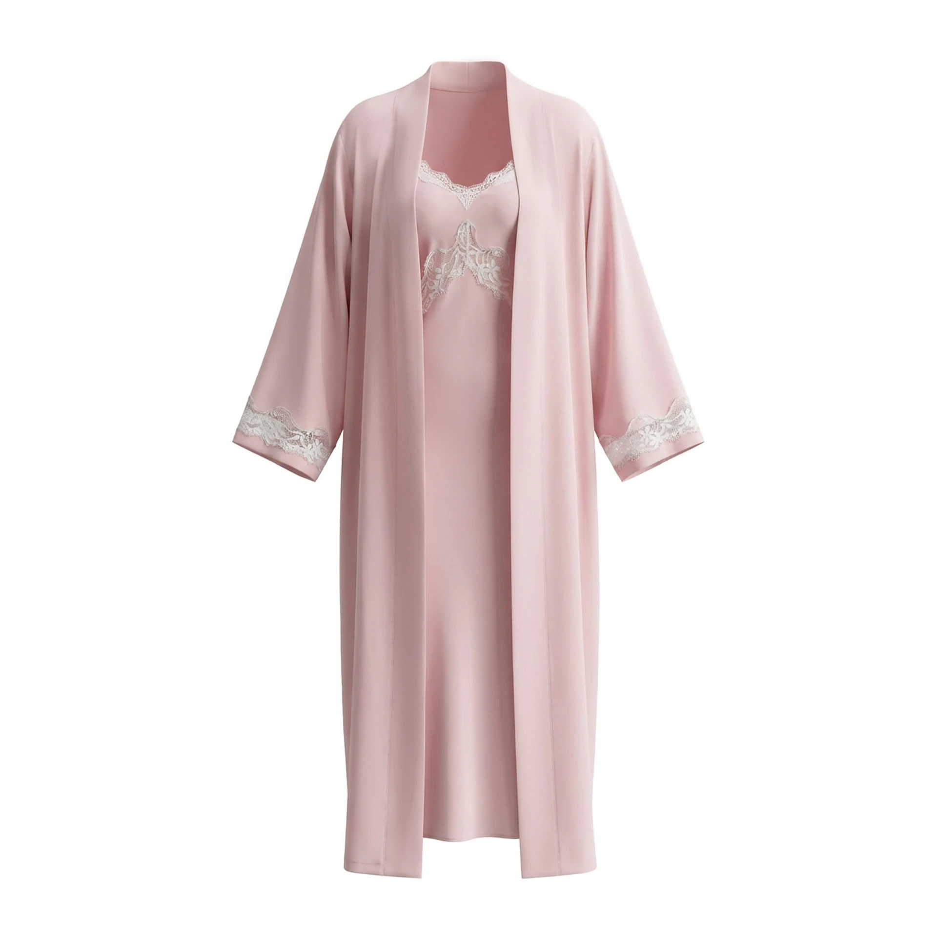 Elegant Female Long Robe Nightgown 2PCS Set Sleepwear High Quality Satin Chiffon Bathrobe Nightdress Sexy Lace Lingerie Homewear