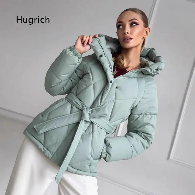 Women Hooded Cotton Coat Thickened Warm Jacket Solid Color With Waist Belt Retro Zipper Design Outerwear For Autumn Winter Cold