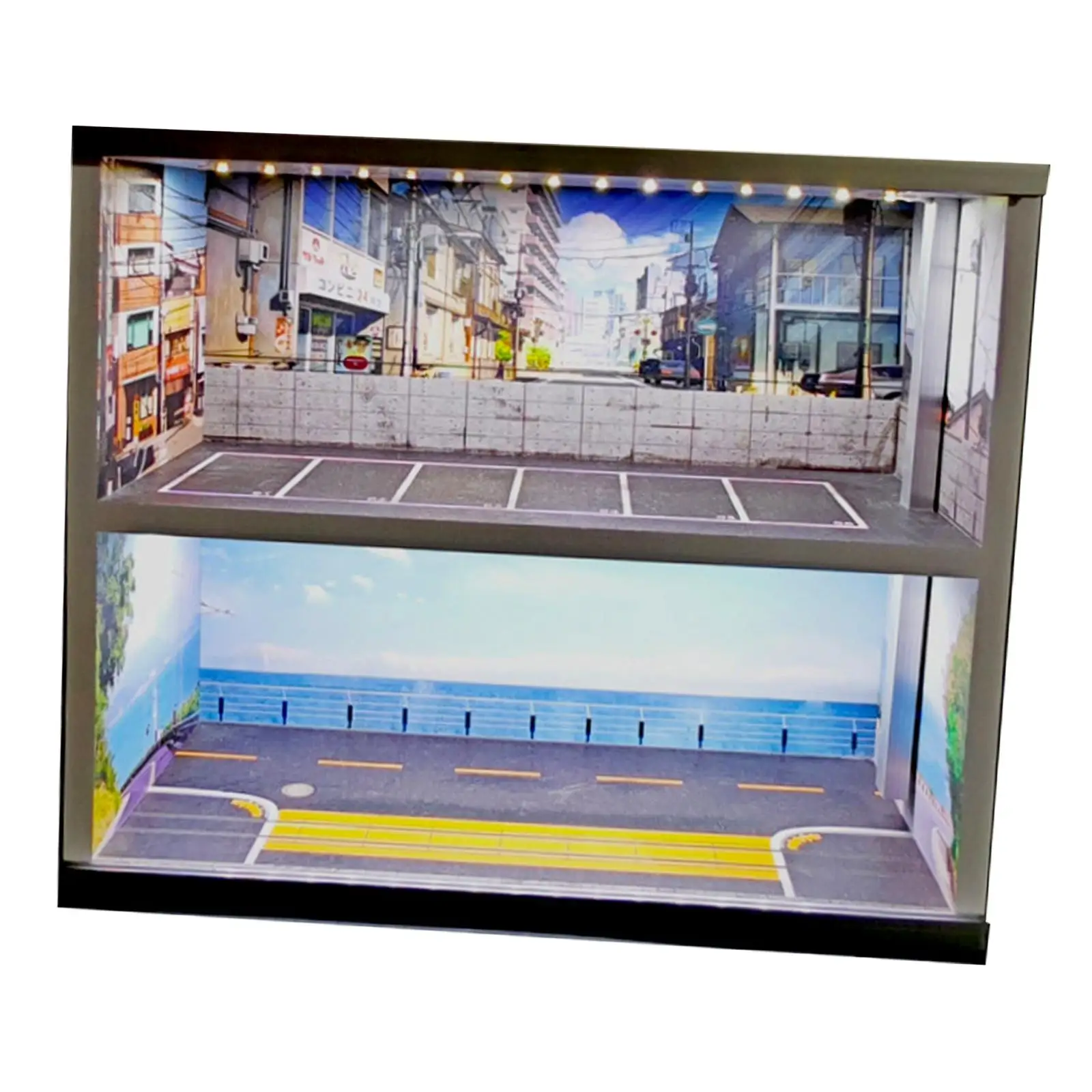 

1/64 Scale Model Car Display Case Decorative with LED Light and Acrylic Cover Ornament 2 Tiers Parking Scene Showcase Organizer