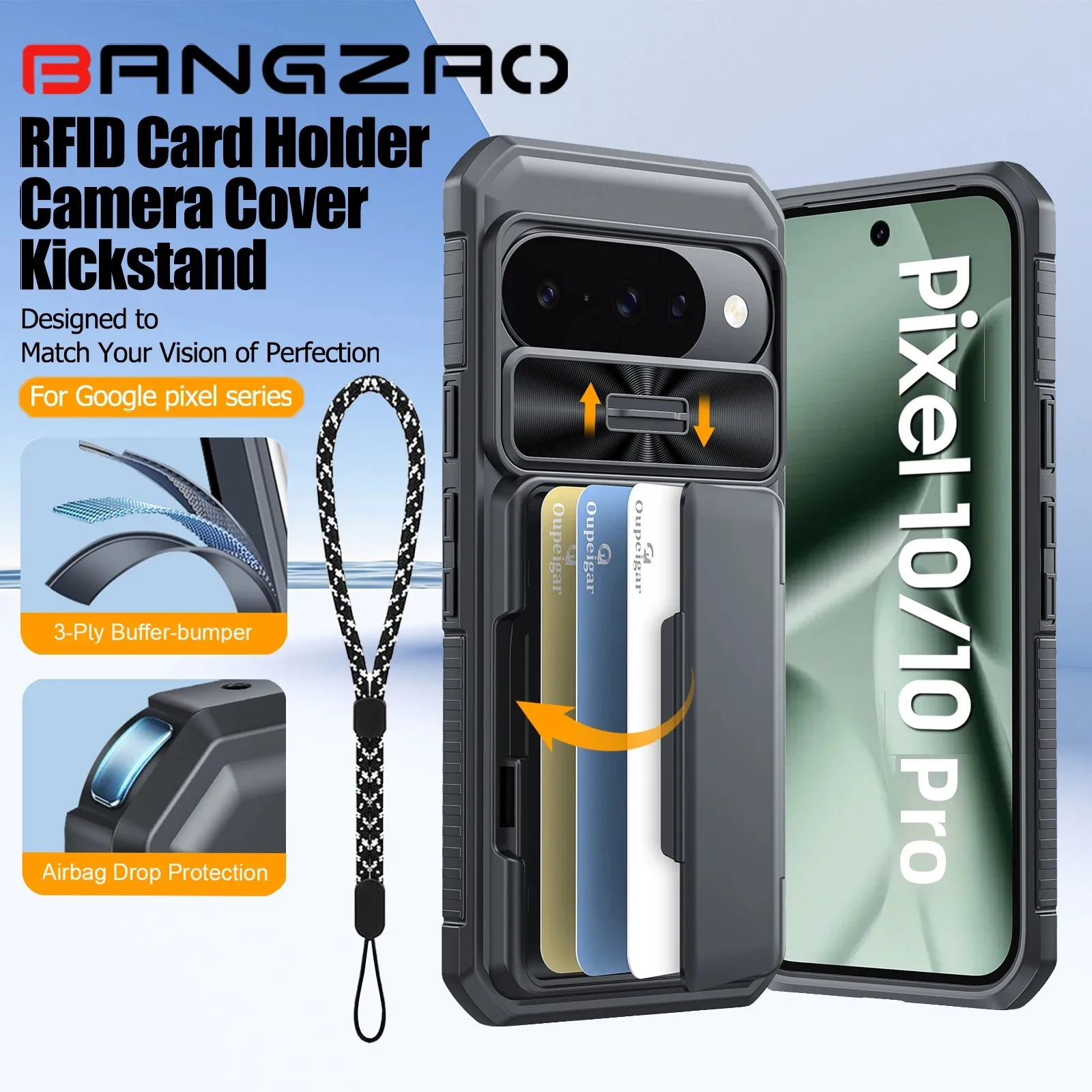 

Чехол для Google Pixel 10/10 Pro, держатель для карт, чехол для камеры, прочный противоударный силиконовый защитный чехол для всего тела, черный