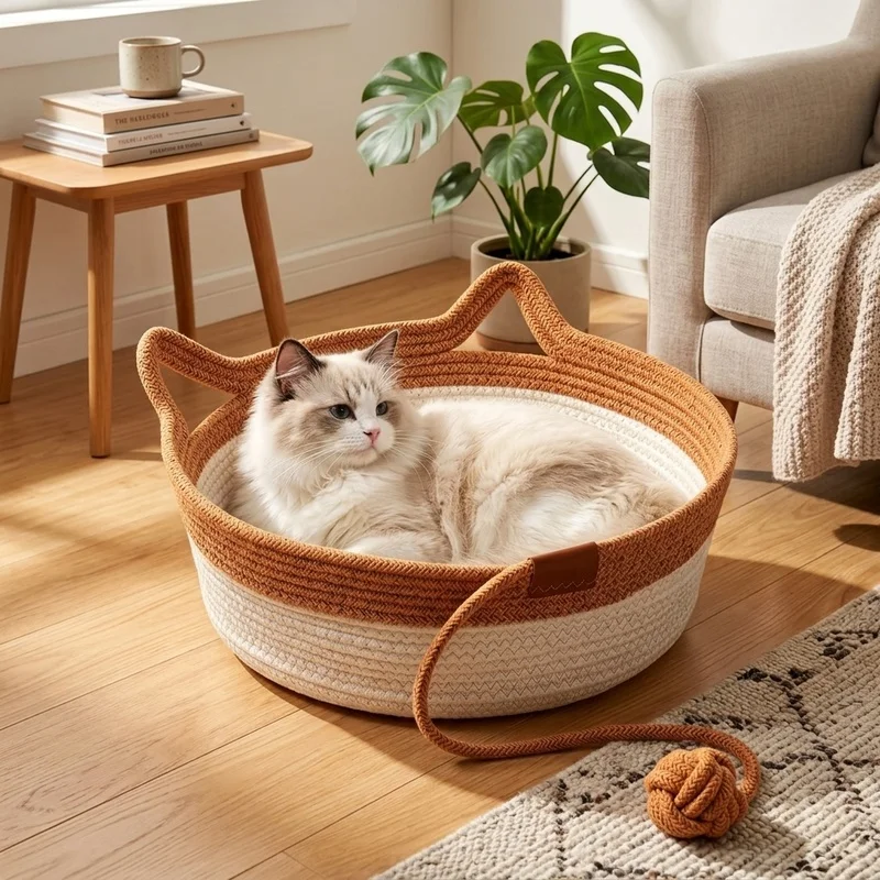 35/40/46cm Handwoven Cotton Rope Cat Basket Bed with Cat Ear Handles, Hanging Ball Toy, Breathable Round Pet Nest for Indoor Cat